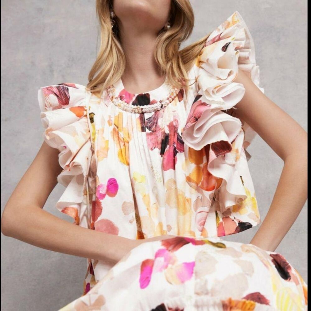 Aje. Women's Dassia Frill Cotton Wallpaper Floral Ruffle Sleeve Cropped Top